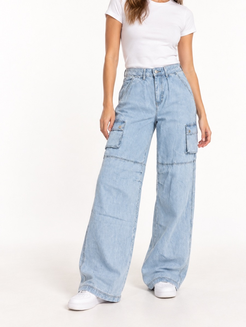 Princess Polly Light Wash Wide-Leg Cargo Jeans Size US 6